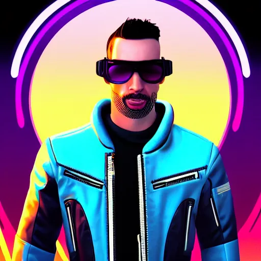 Image similar to 3 / 4 view closeup portrait of johnny silverhand from cyberpunk 2 0 7 7 with light blue shutter shades in front of a sunset, a dark purple leather jacket, vector art by jan tengnagel, pixabay contest winner, retrofuturism, retrowave, synthwave, outrun, portrait, synthwave
