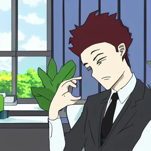 Image similar to a worker wearing a suit is contemplating life in front of his desk, it is all inside a small depressive cubicle which is completely surrounded by beautiful nature, anime style