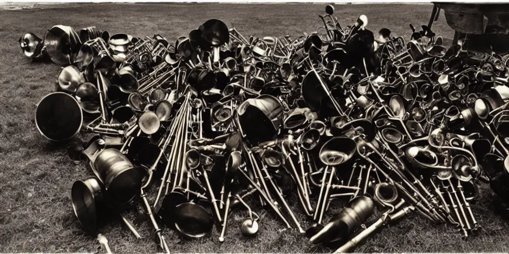 Prompt: pile of brass musical instruments with a line of black robed children leading to it, frightening, ghastly, photorealistic, old film, 3 5 mm film, found film, scary, ominous, by bruce davidson, on hasselblaad