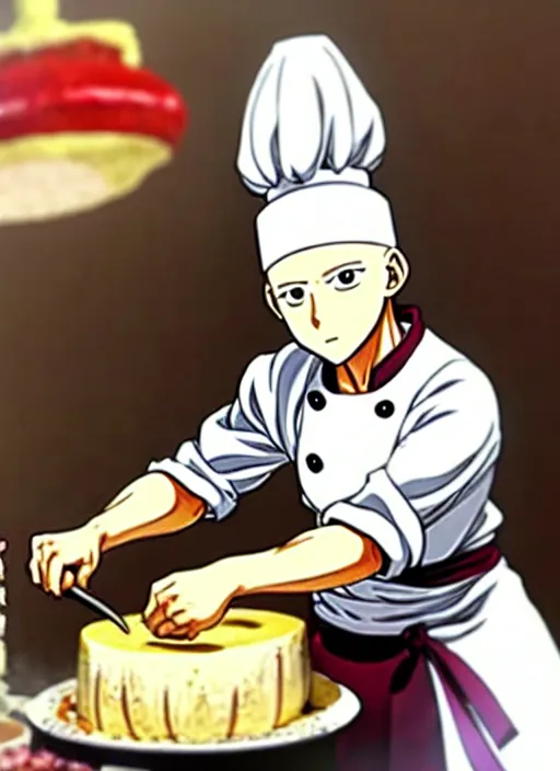 Image similar to chef saitama one punch man, dressed as a pastry chef, focused at making a cake, beautiful anime artwork