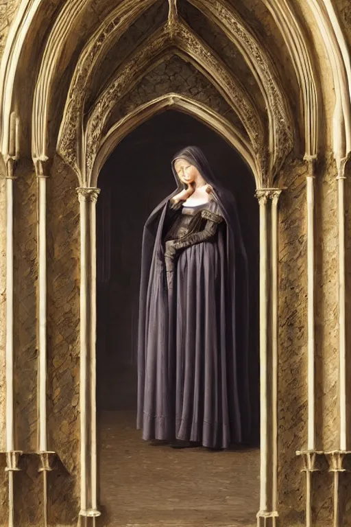 Prompt: hyperrealism portrait of beautiful young medieval female standing in gothic church, gothic, bloodborne, night, highly detailed, pale skin, in style of classicism