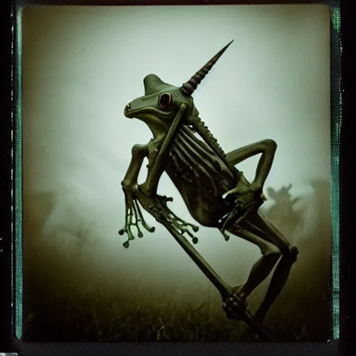 Image similar to frog horseman riding a translucent unicorn skeleton in a thick fog, polaroid photography in style of andrey tarkovski, ominous, mystical, sublime
