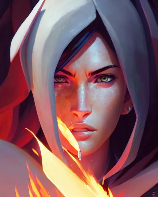 Image similar to azctec warrior, megan fox, gem, detailed perfect face, exquisite details, fire magic, mid view, design on a white background, by studio muti, greg rutkowski makoto shinkai takashi takeuchi studio ghibli