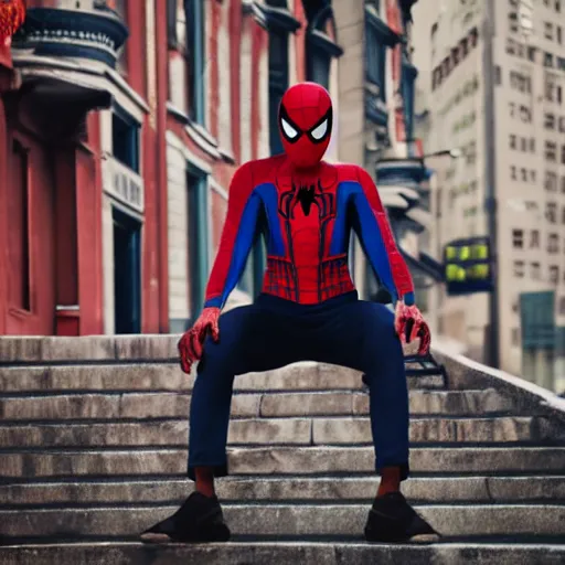 Image similar to Spiderman wearing backpack ,mellow , dramatic, sad ambience