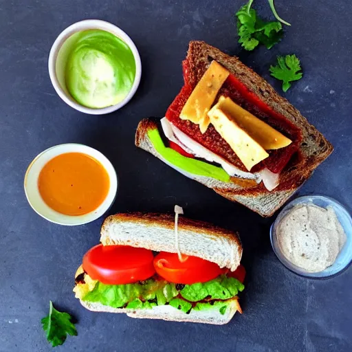 Prompt: sandwich with fried tofu, one red tomato slice, mayo, onion, avocado, melted cheddar, in a red dish, background with saturn and stars in the sky