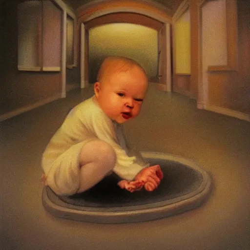 Image similar to a big head baby in floor inside a dark house, surrealism