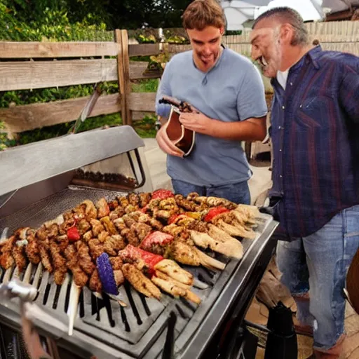 Prompt: two guys in night at the yard grilling kebabs and one guy playing guitar