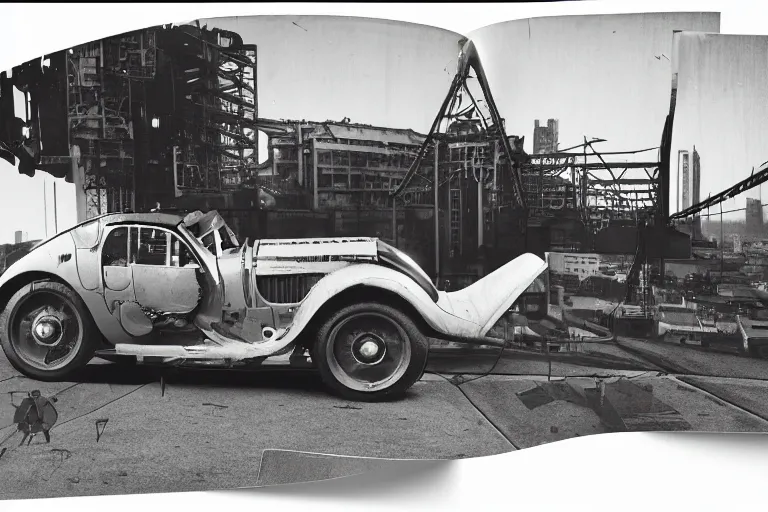 Image similar to cyberpunk 1 9 2 6 bugatti type 3 5 by paul lehr, jesper esjing, metropolis, view over city, vintage film photo, damaged photo, scratched photo, scanned in, old photobook, silent movie, black and white photo