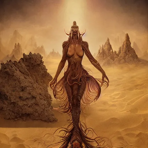 Image similar to a hyperrealistic illustration of a scaly monster covered in sand, sand flowing from the monsters body, desert with rocks with fractal sunlight, award-winning, masterpiece, in the style of Tom Bagshaw, Cedric Peyravernay, Peter Mohrbacher