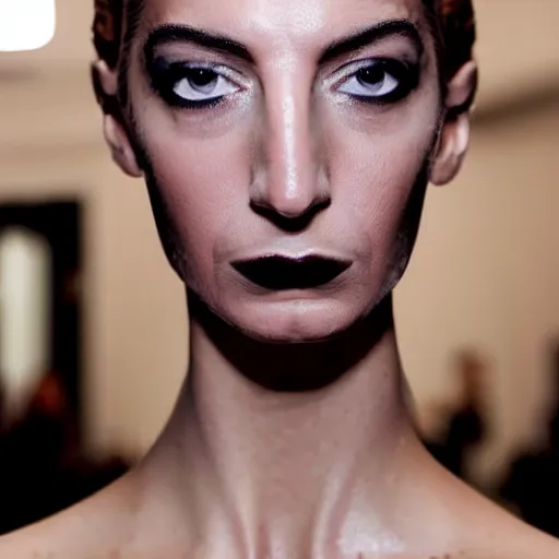 Image similar to a beautiful portrait of young flavia lucini as femme fatale bond villain, highly detailed, in the style of cinematic, getty images, milan fashion week backstage, makeup by pat mcgrath, greg rutkowski