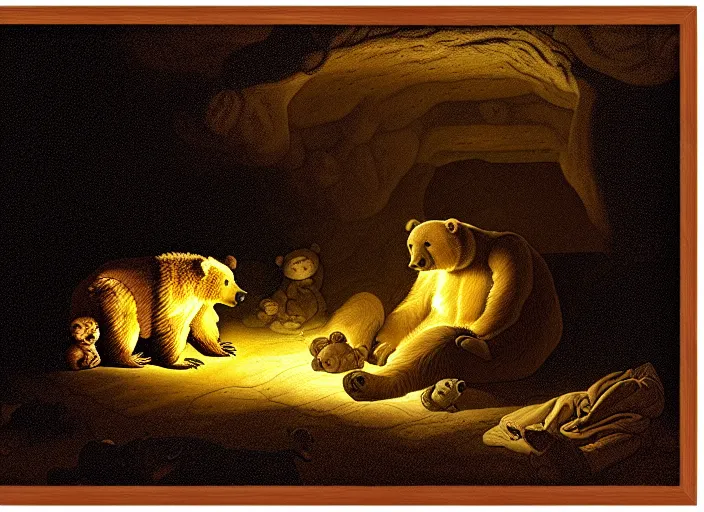 Image similar to Pieter Claesz's 'a bear and her cub sleeping in a dark cave, lit by campfire', night time, cross hatching, backlit, beautiful wooden frame, the colours of the sunset