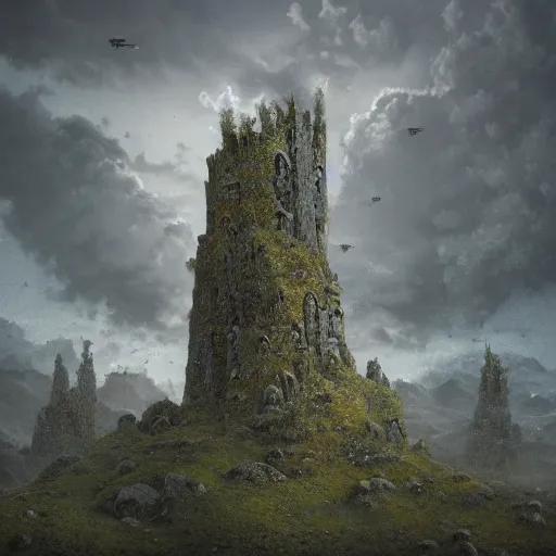 Prompt: ruined, covered by lichen skyscraper with many windows on top of mountain, spaceship launching far away, by amandine van ray and christophe vacher, cloudy, dreamy, detailed, 4k resolution