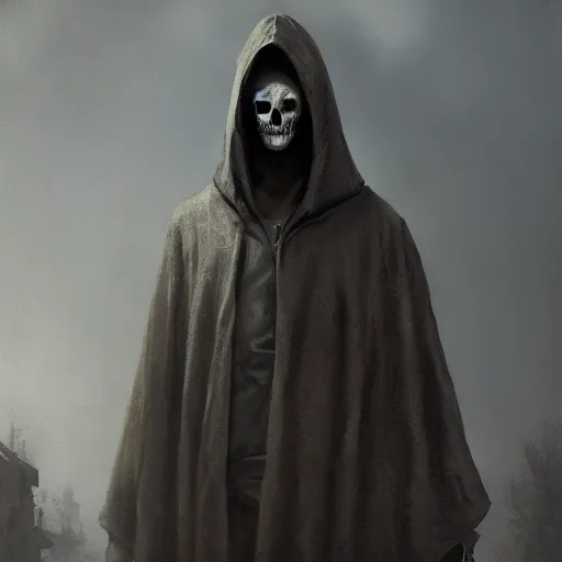 Image similar to a portrait of an hooded man with a skull face, Matte painting , detailed painting, made by Greg Rutkowski, 4k resolution, atmospheric, extremely high detail