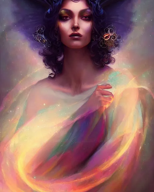 Prompt: Gypsy woman stylized fantasy portrait, halo of light, magical wisps swirling, bokeh, enchanted portrait, depth blur, peter mohrbacher, artgerm