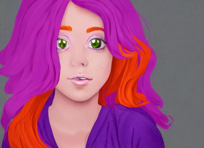 Prompt: portrait Girl with orange hair and freckles, purple background, cute-fine-face, pretty face, realistic shaded lighting by disney character style,