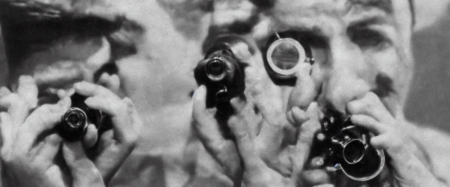 Prompt: detailed sharp portrait photograph in the style of popular science circa 1 9 5 5 of a young man in close up looking directly at lens through binoculars