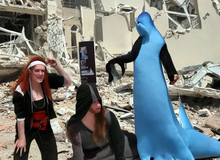 Image similar to a nun with a jojo and a mountain climber with long red hair find a blue shark plush in the post apocalyptic ruins of las vegas