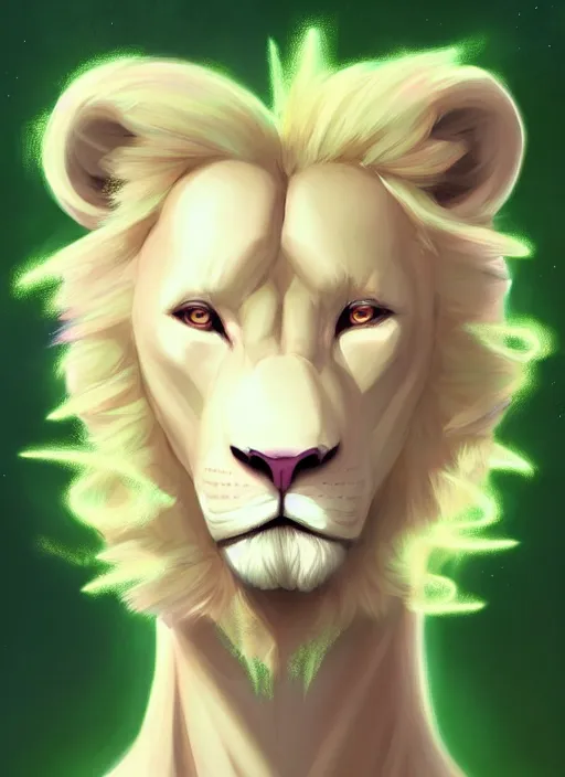 Image similar to !dream aesthetic portrait commission of an albino male furry anthro lion wearing a mint colored thin cloack, pastel Neon lense flares. Atmospheric. Character design by charlie bowater, ross tran, artgerm, and makoto shinkai, detailed, inked, western comic book art, 2021 award winning painting