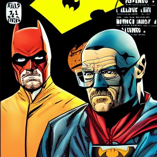 Prompt: comic book cover art featuring walter white as batman and jesse pinkman as robin