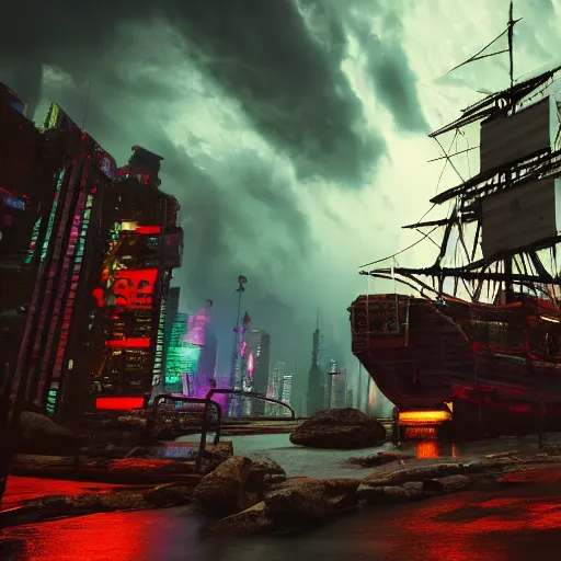 Prompt: high quality photo of a pirate ship in a cyberpunk cyberpunk cyberpunk city, realism, 8k, award winning photo, thunderstorm