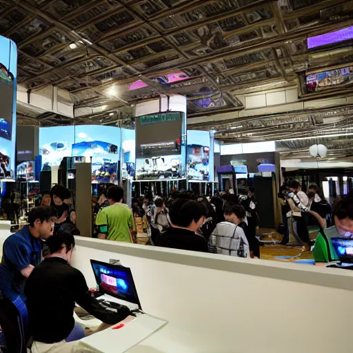 Prompt: gamers playing computers in a exhibition hall filled with many spectators, photorealistic, ultra-detailed, high resolution