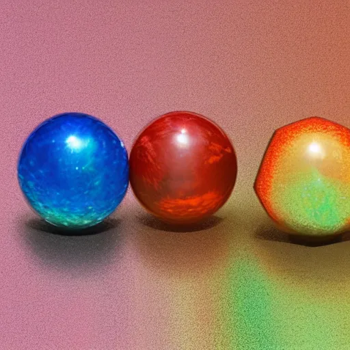 Prompt: rainbow-lattice-sunstone spheres on a red cube