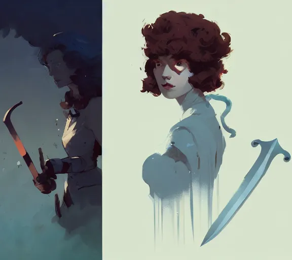 Image similar to portrait woman with short ginger curly hair with a sword, by atey ghailan, by greg rutkowski, by greg tocchini, by james gilleard, by joe fenton, by kaethe butcher, by ashley wood, dynamic lighting, gradient light blue, brown, blonde cream and white color scheme, grunge aesthetic