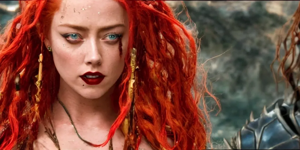 Image similar to red hair mera from aquaman played by amber heard fights captain jack sparrow played by johnny depp, motion blur, real life, spotted, leaked, ultra realistic face, accurate, 4 k, movie still, uhd, sharp, detailed, cinematic, render, modern