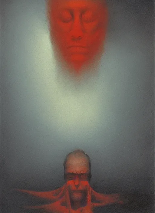 Prompt: king of hell paints a self portrait, symmetric lights and fog, in the style of zdzislaw beksinski, glowing light and shadow, hyperrealist, 8 k