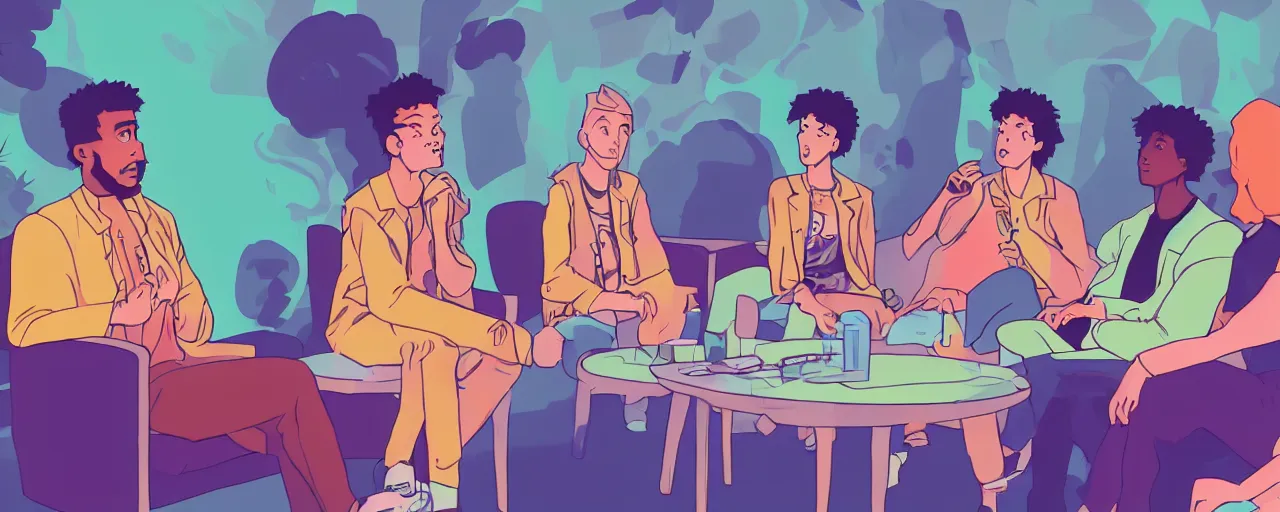 Image similar to a group of gen z friends sitting around talking about climate change while drinking old fashions, vaporwave cartoon