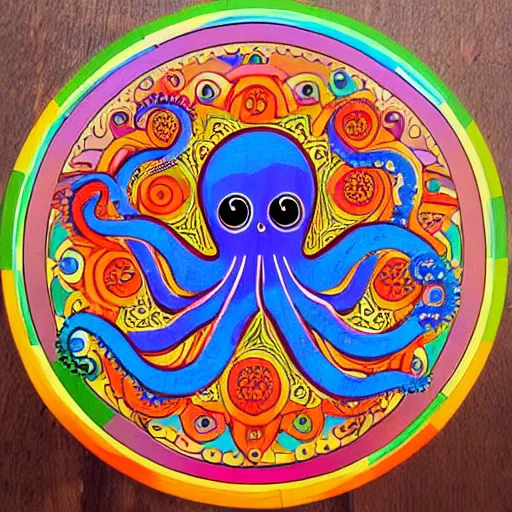 Image similar to a cute octopus in a colorful ornate wooden mandala with intricate fine details