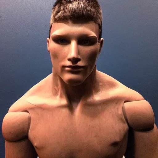 Image similar to “a realistic detailed photo of a guy who is an attractive humanoid who is half robot and half humanoid, who is a male android, American freestyle and folkstyle wrestler from Oklahoma AJ Ferrari, shiny skin, posing like a statue, blank stare, at college, on display”