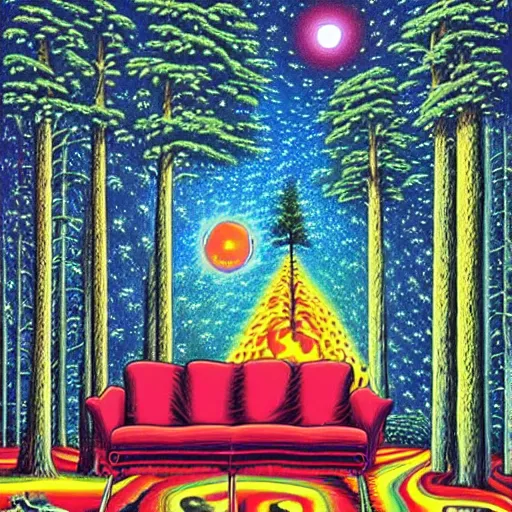 Prompt: psychedelic, trippy, couch, pine forest, milky way, planets, sofa, cartoon by rob gonsalves