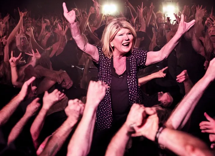 Image similar to publicity photo still of martha stewart in a death metal band in the mosh pit, 8 k, live concert lighting, mid shot