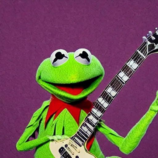 Prompt: Kermit the frog as guitarist in a punk band