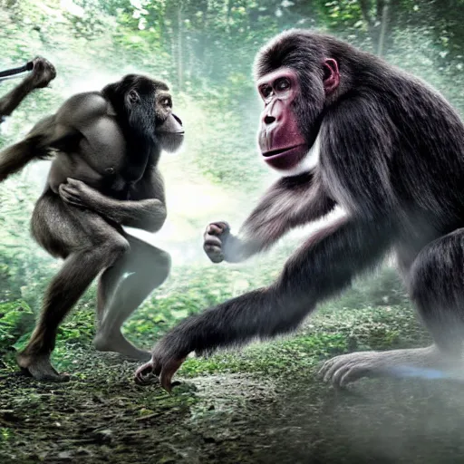 Prompt: stunning award winning hyperrealistic hdr 8 k highly detailed photo of garry busey fighting an ape, combat, fight, aggression