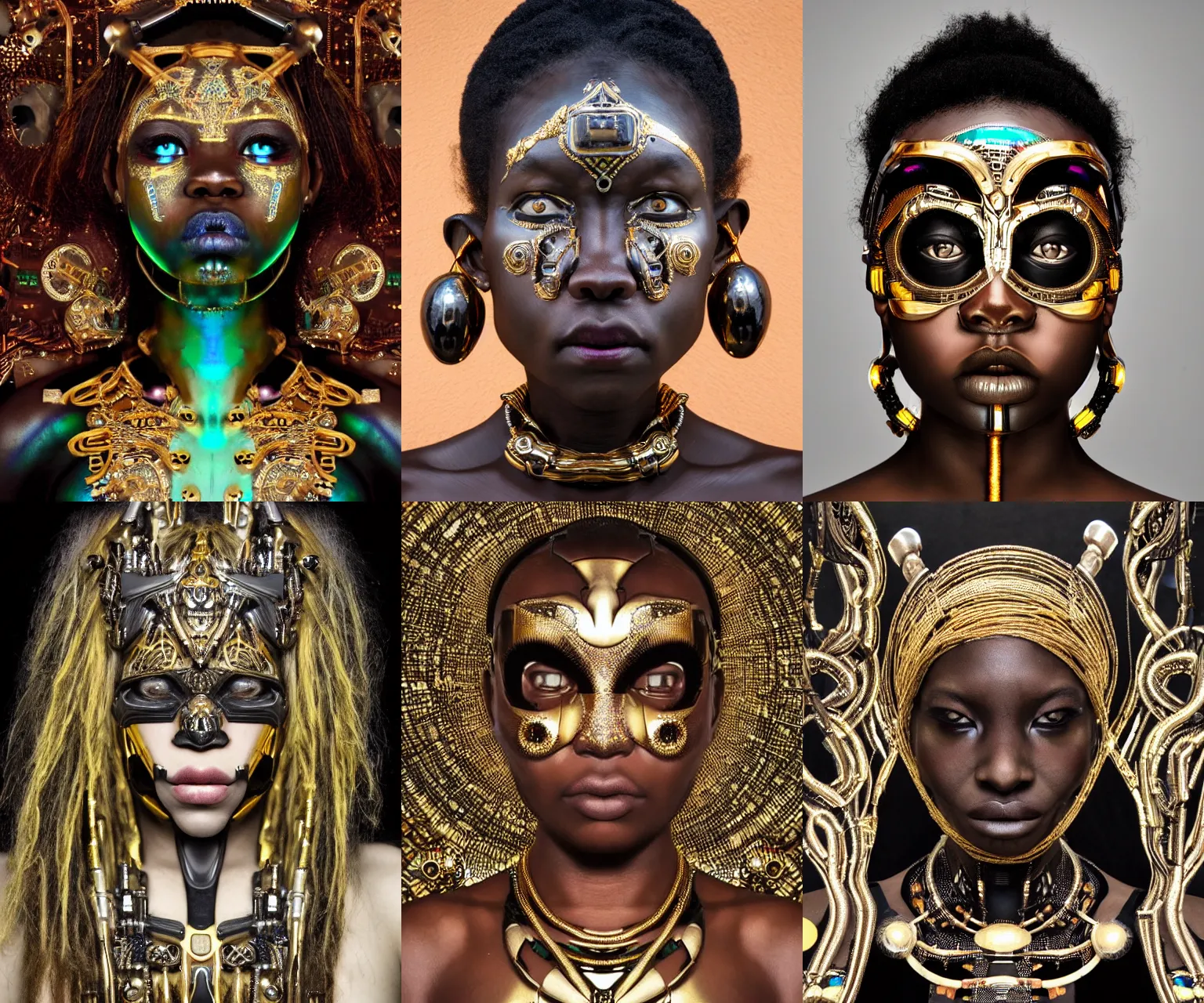 Prompt: upper body portrait of angry futuristic cyborg galactic himba young fat empress, organic cyborg, intricate, ornate, future baroque, luminous prosthetic eyes, iridescent onyx and gold