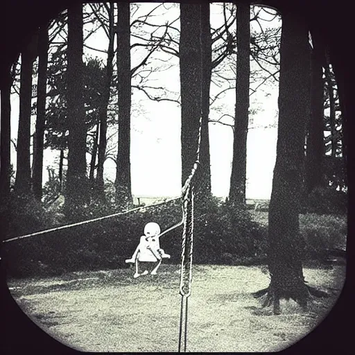 Image similar to “slenderman standing by a girl on a swing set, style of Edward Gorey”