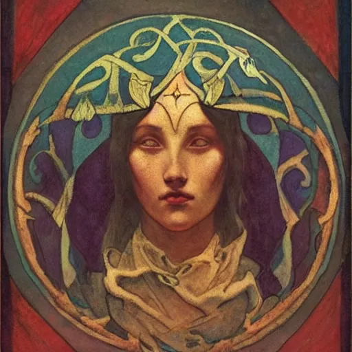 Image similar to the lantern crown, by Annie Swynnerton!!!! and Nicholas Roerich! and (Edmund Dulac) and ((((Diego Rivera)))), tattoos, elaborate costume, geometric ornament, symbolist, rich colors, dramatic lighting, smooth, sharp focus, extremely detailed