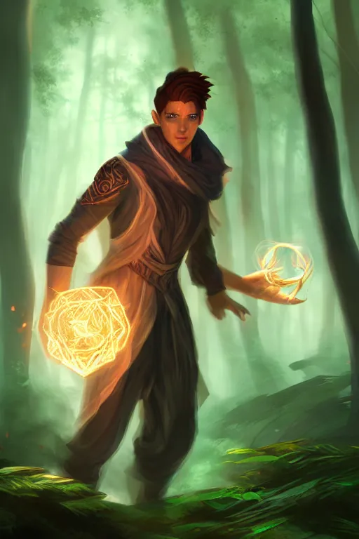 Image similar to a human elemental sorcerer, forest setting, colorful magic, male, white skin, young, sharp focus, concept art, dynamic lighting, unreal engine, by kyle herring