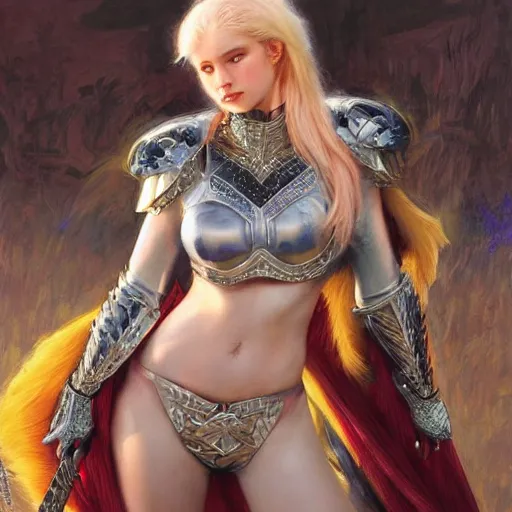 Prompt: bikini armor blonde female knight, elegant, vibrant, fantasy, intricate, smooth, painted by edgar maxence, greg rutowski, ross tran, artgerm