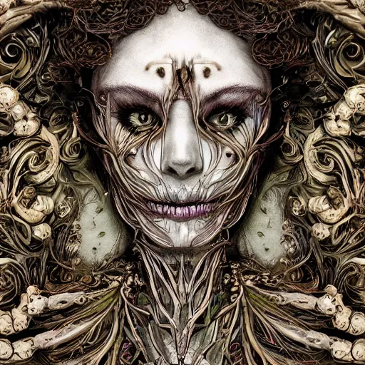 Image similar to a beautiful detailed photo of a full body rotten woman corpse morphing into fractal plants and fractal flowers and mushrooms, face muscles, veins, anatomical, intricate, ornate, volumetric light, beautiful lit, beetlejuice