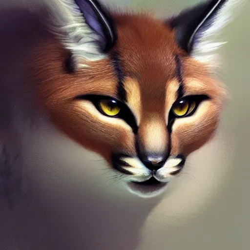 Prompt: cute fluffy caracal wearing a tie, closeup, D&D, fantasy, intricate, elegant, highly detailed, digital painting, artstation, concept art, matte, sharp focus, illustration, hearthstone, art by Artgerm and Greg Rutkowski and Alphonse Mucha