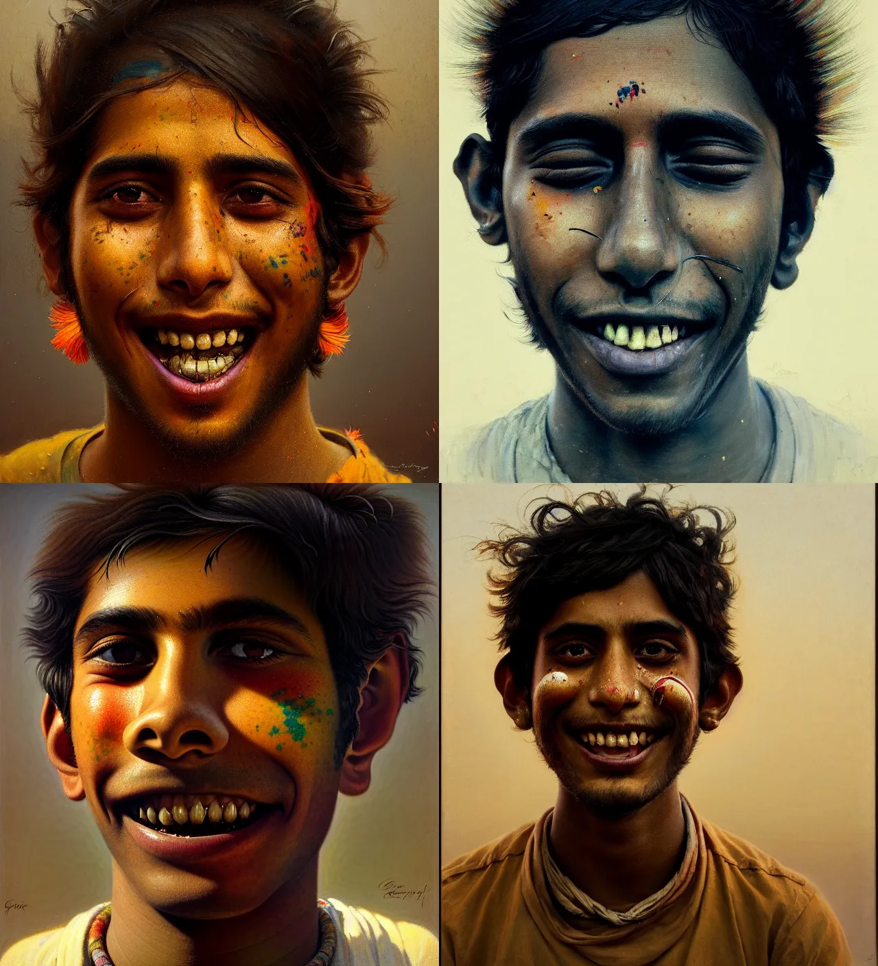 Prompt: a beautiful cinematic masterpiece headshot portrait of a happy stoner indian boy tripping, centered, head only, by greg rutkowski, by irving penn, oil on canvas, brilliant cold lighting, hyper - detailed, no frames, 8 k