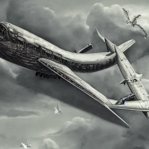 Prompt: illustration of a plane flying in the style of H. R. Giger, realistic painting, high definition, digital art, matte painting, very detailed, realistic
