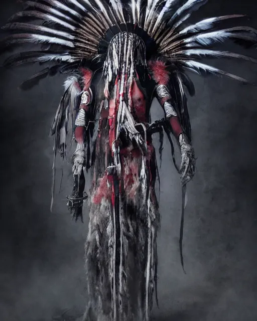 Prompt: the ghost - spirit of the grim - warpaint wears the scarlet skull armor and native blood headdress feathers, midnight fog - mist!, dark oil painting colors, realism, cinematic lighting, various refining methods, micro macro autofocus, ultra definition, award winning photo, photograph by giger and gammell