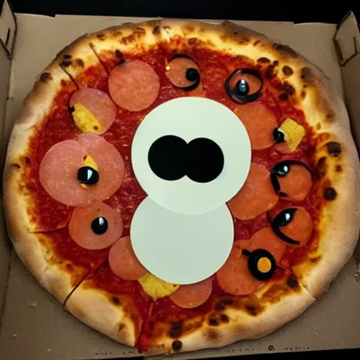 Prompt: A pizza with googly eyes smiling crookedly at the camera.