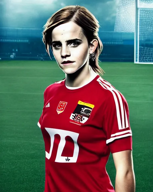 Image similar to a portrait of emma watson as a lokomotiv football player, hyper realistic, highly detailed