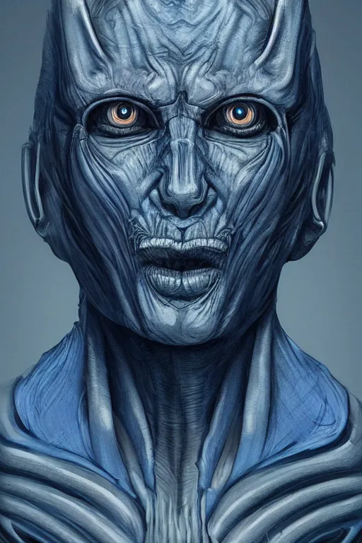 Prompt: portrait from a handsome blue masculine extraterrestrial alien, sci - fi art, hr giger, trending on artstation