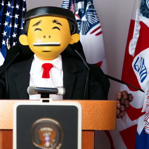 Image similar to press conference with string marionette of a president in a podium